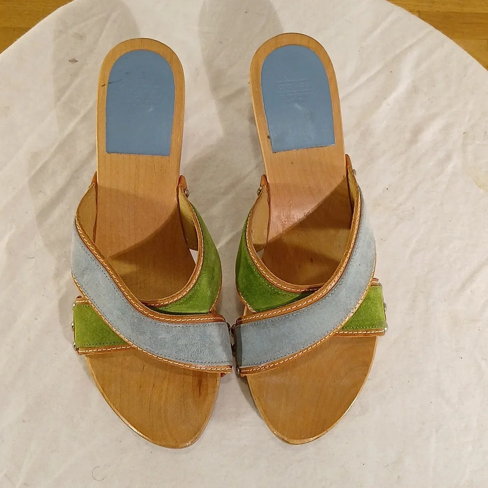 Stunning Coach Blue & Green Seude Wood Studded Mule/Sandal - Picture 8 of 16